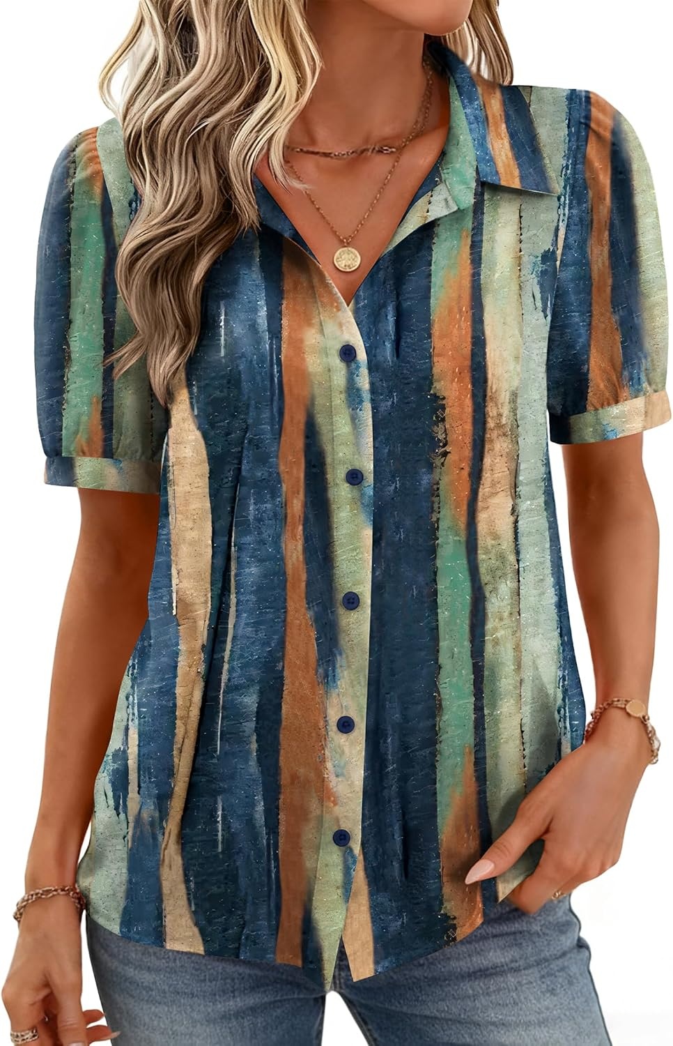 image:imageZeagoo Women Button Down Shirts Puff Short Sleeve Blouses Chiffon TopsMulticolorcx289