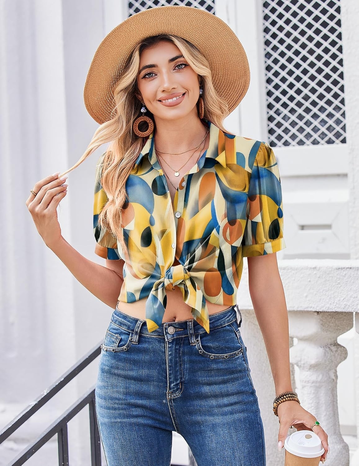 image:imageZeagoo Women Button Down Shirts Puff Short Sleeve Blouses Chiffon TopsMulticolorjh579
