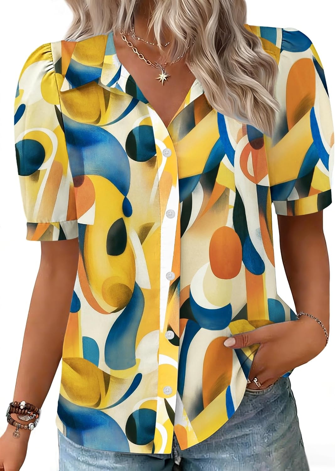 image:imageZeagoo Women Button Down Shirts Puff Short Sleeve Blouses Chiffon TopsMulticolorjh579