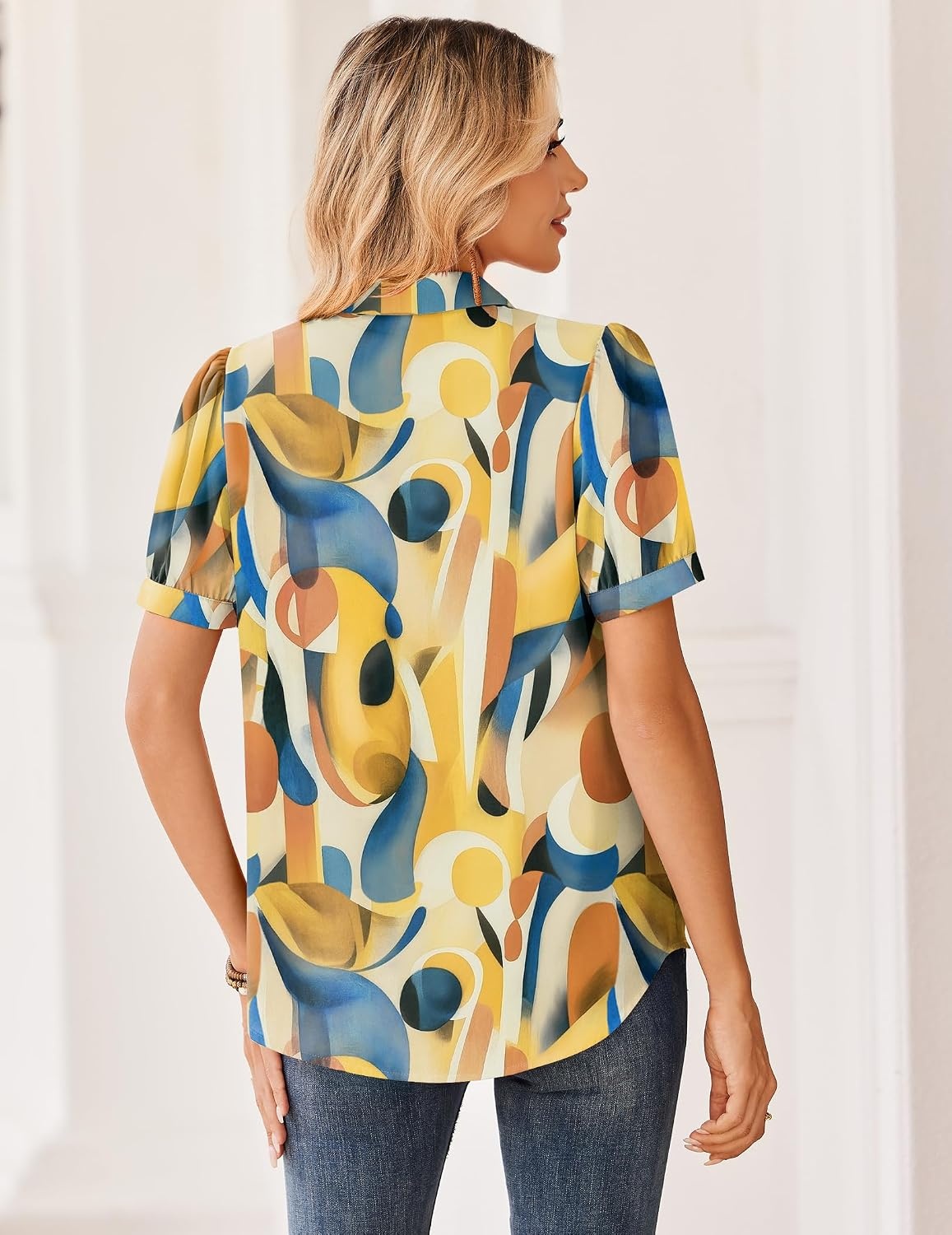 image:imageZeagoo Women Button Down Shirts Puff Short Sleeve Blouses Chiffon TopsMulticolorjh579