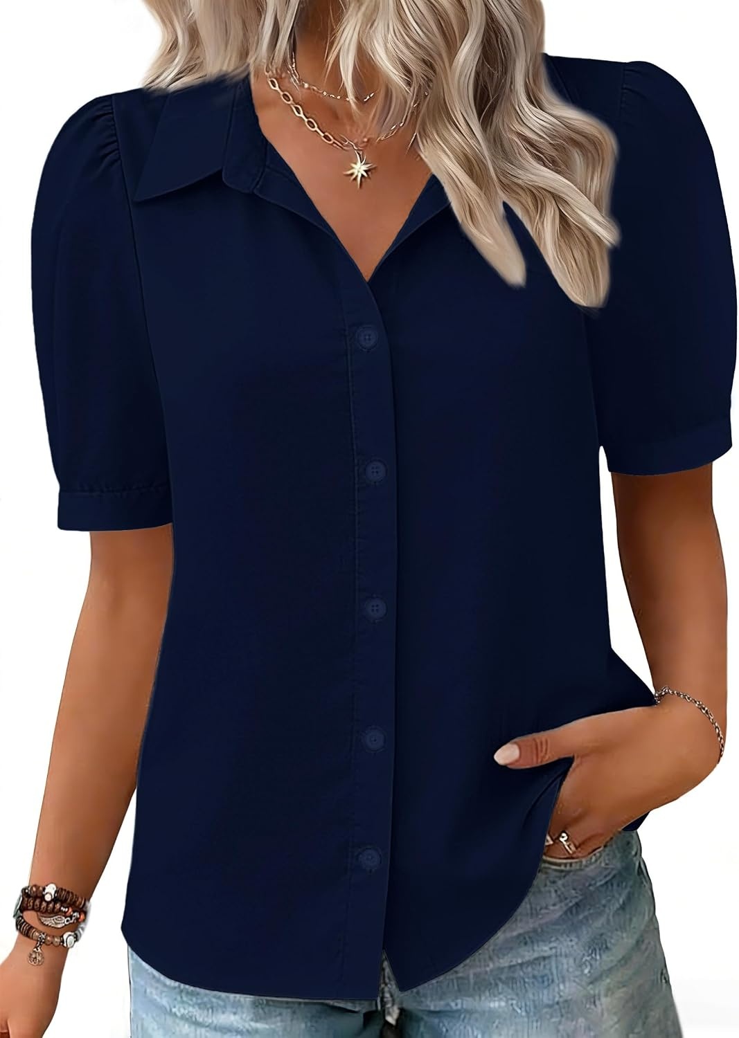 image:imageZeagoo Women Button Down Shirts Puff Short Sleeve Blouses Chiffon TopsNavy Bluenb