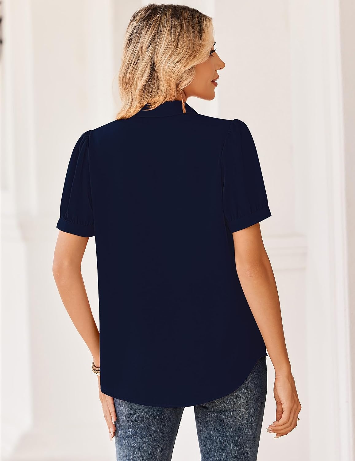 image:imageZeagoo Women Button Down Shirts Puff Short Sleeve Blouses Chiffon TopsNavy Bluenb