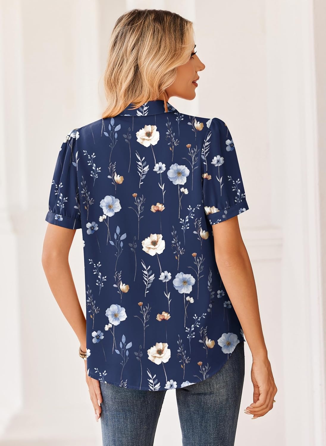 image:imageZeagoo Women Button Down Shirts Puff Short Sleeve Blouses Chiffon TopsNavy Flowersbf318