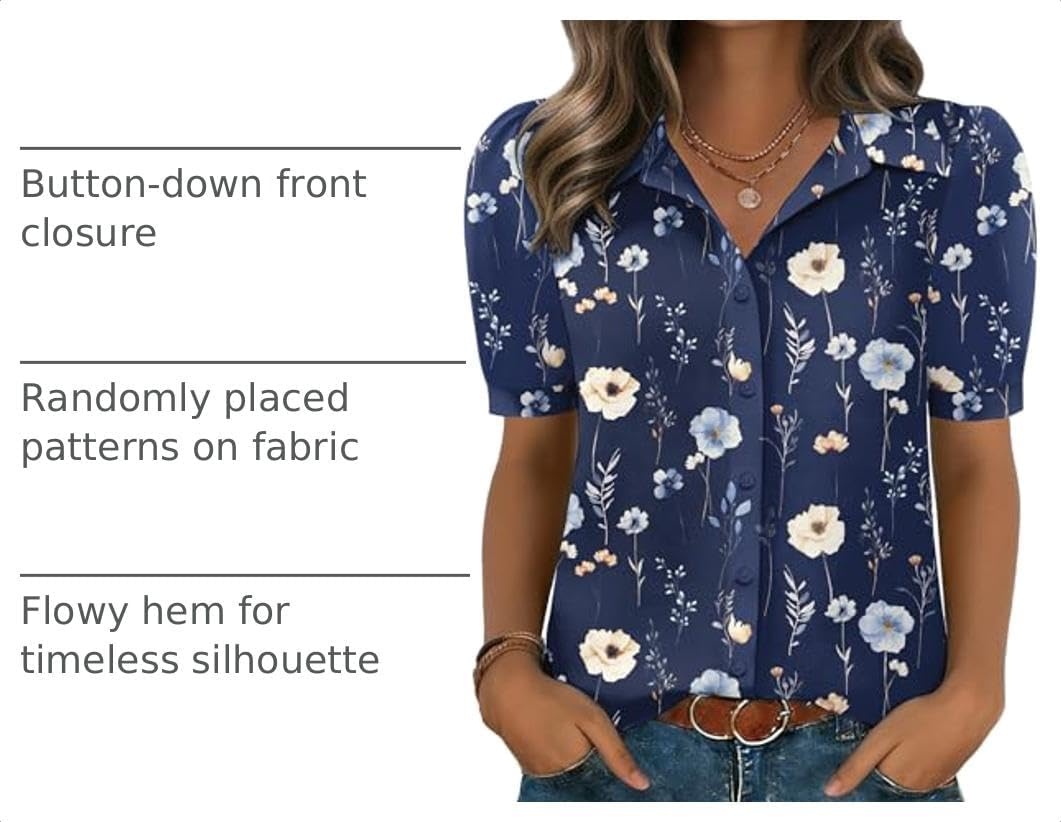 image:imageZeagoo Women Button Down Shirts Puff Short Sleeve Blouses Chiffon TopsNavy Flowersbf318
