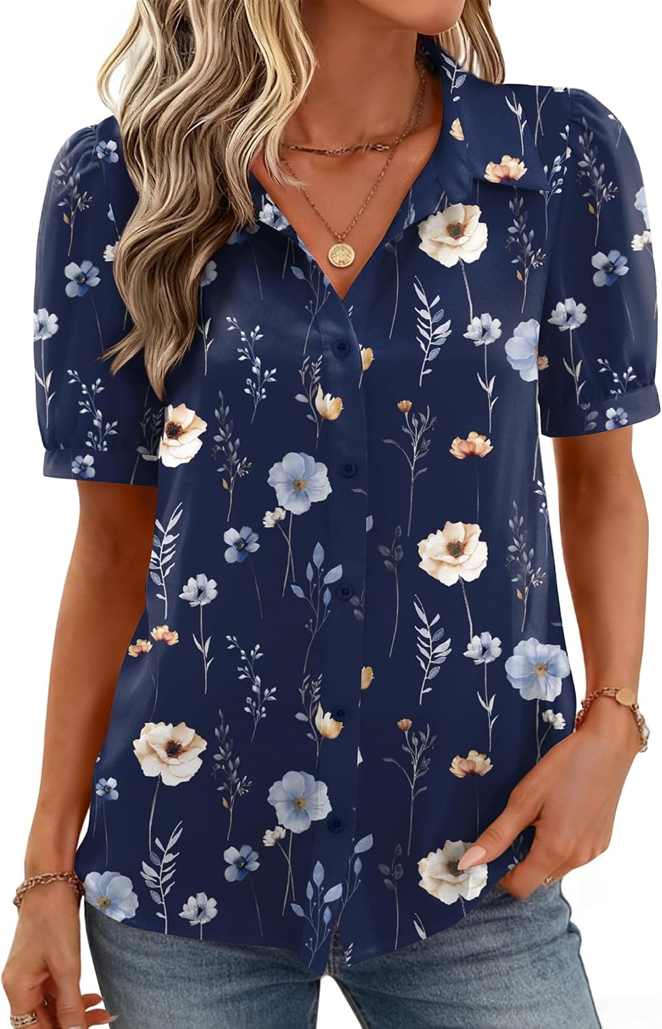 image:imageZeagoo Women Button Down Shirts Puff Short Sleeve Blouses Chiffon TopsNavy Flowersbf318