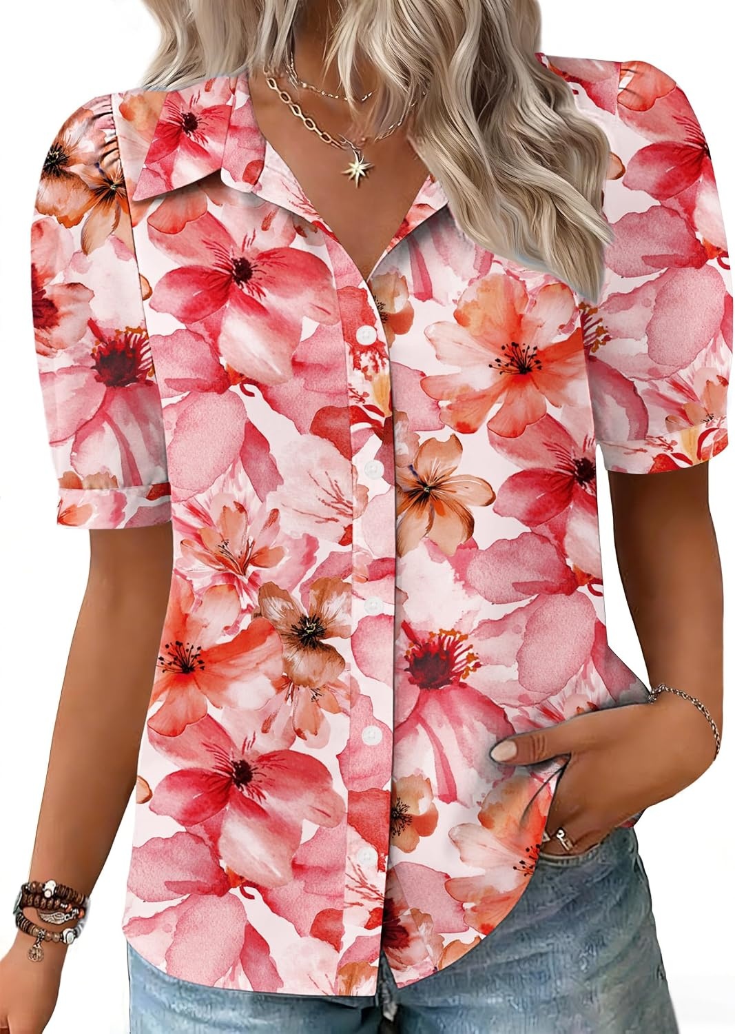 image:imageZeagoo Women Button Down Shirts Puff Short Sleeve Blouses Chiffon TopsPink Flowerswf97