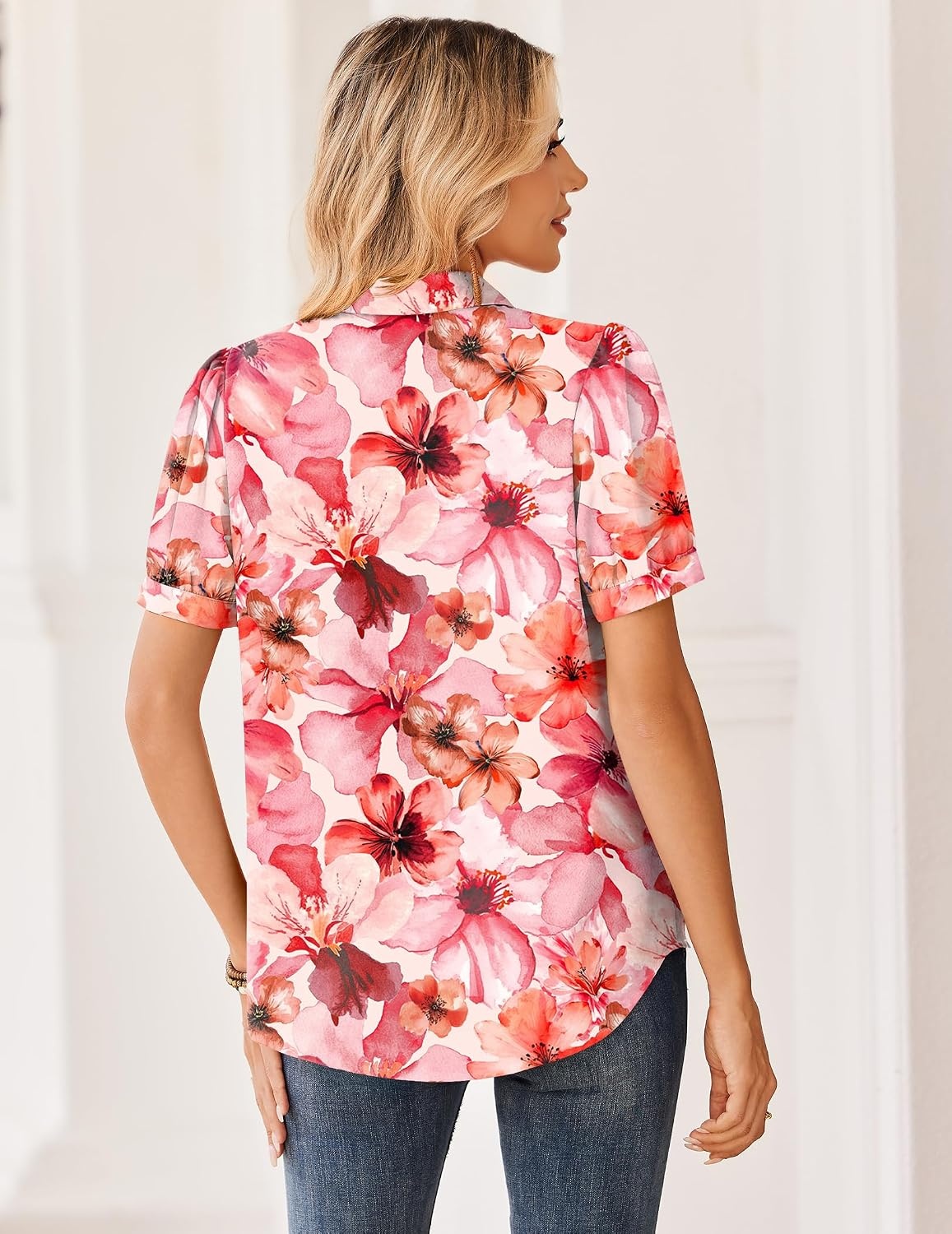 image:imageZeagoo Women Button Down Shirts Puff Short Sleeve Blouses Chiffon TopsPink Flowerswf97