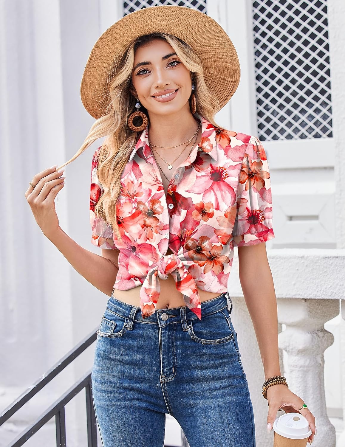 image:imageZeagoo Women Button Down Shirts Puff Short Sleeve Blouses Chiffon TopsPink Flowerswf97