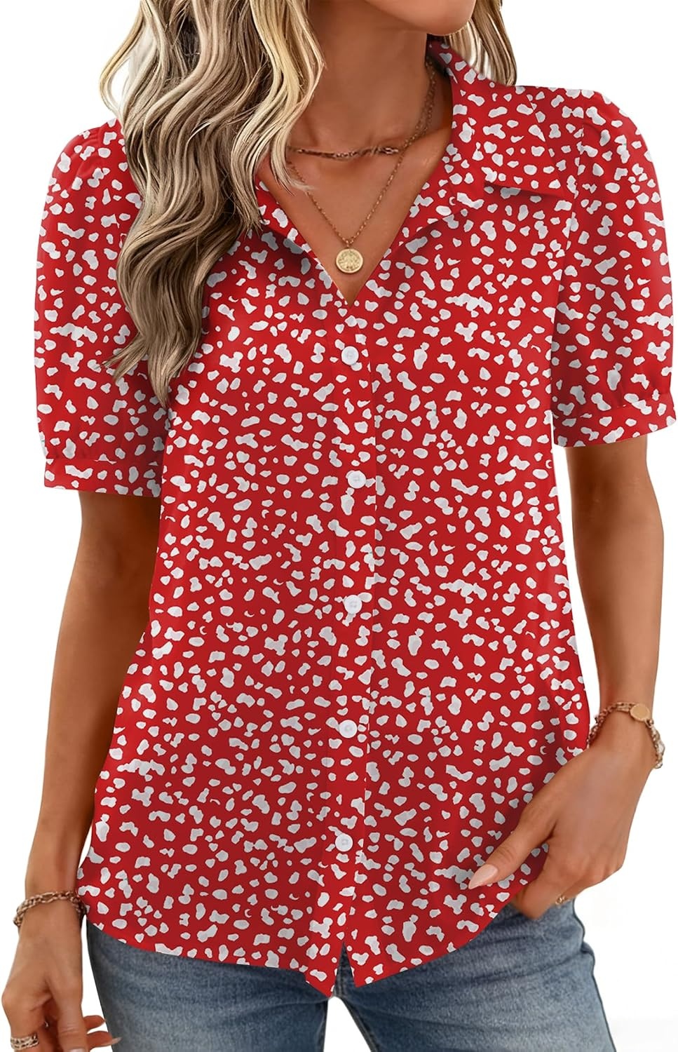 image:imageZeagoo Women Button Down Shirts Puff Short Sleeve Blouses Chiffon TopsRed Dotjh590