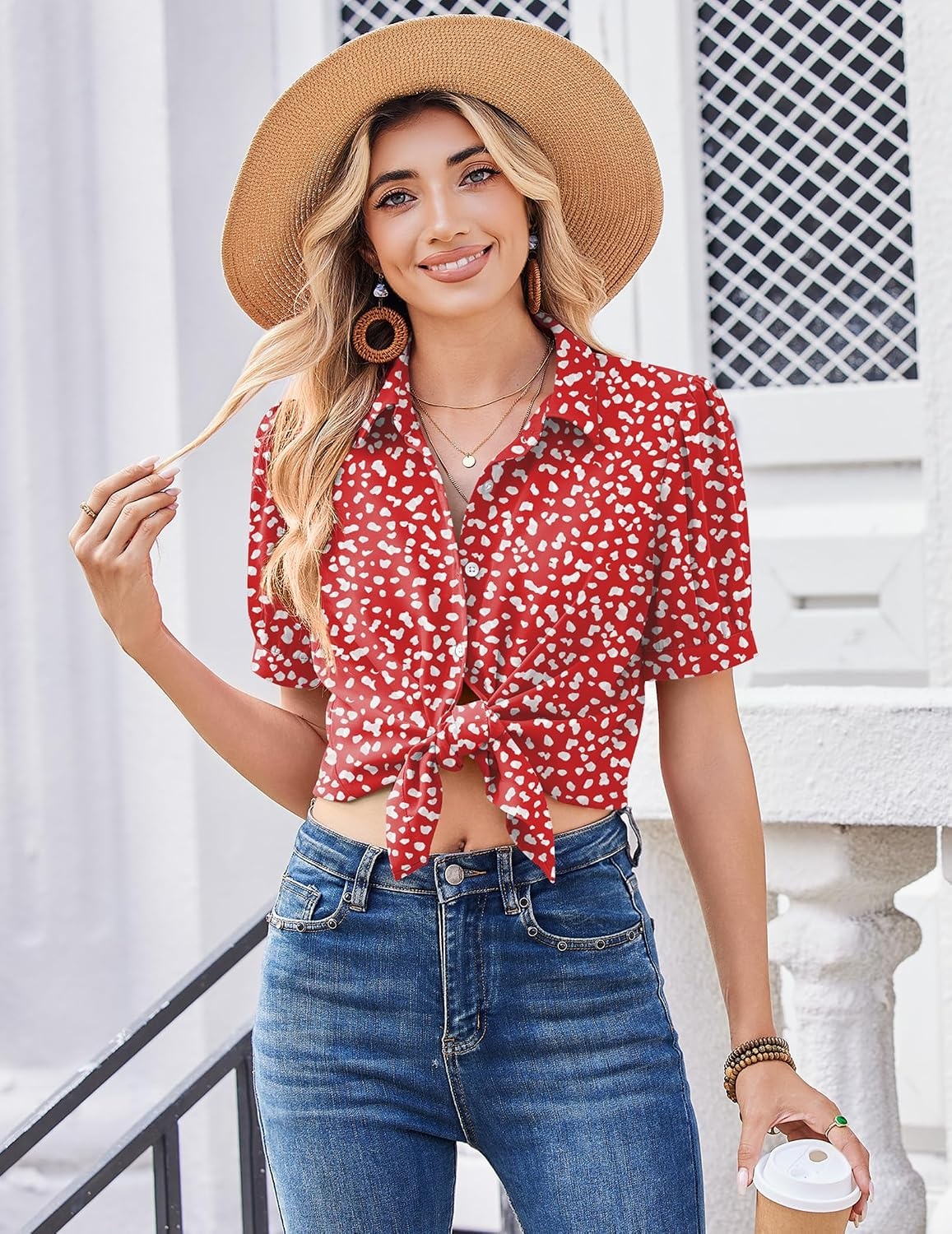 image:imageZeagoo Women Button Down Shirts Puff Short Sleeve Blouses Chiffon TopsRed Dotjh590