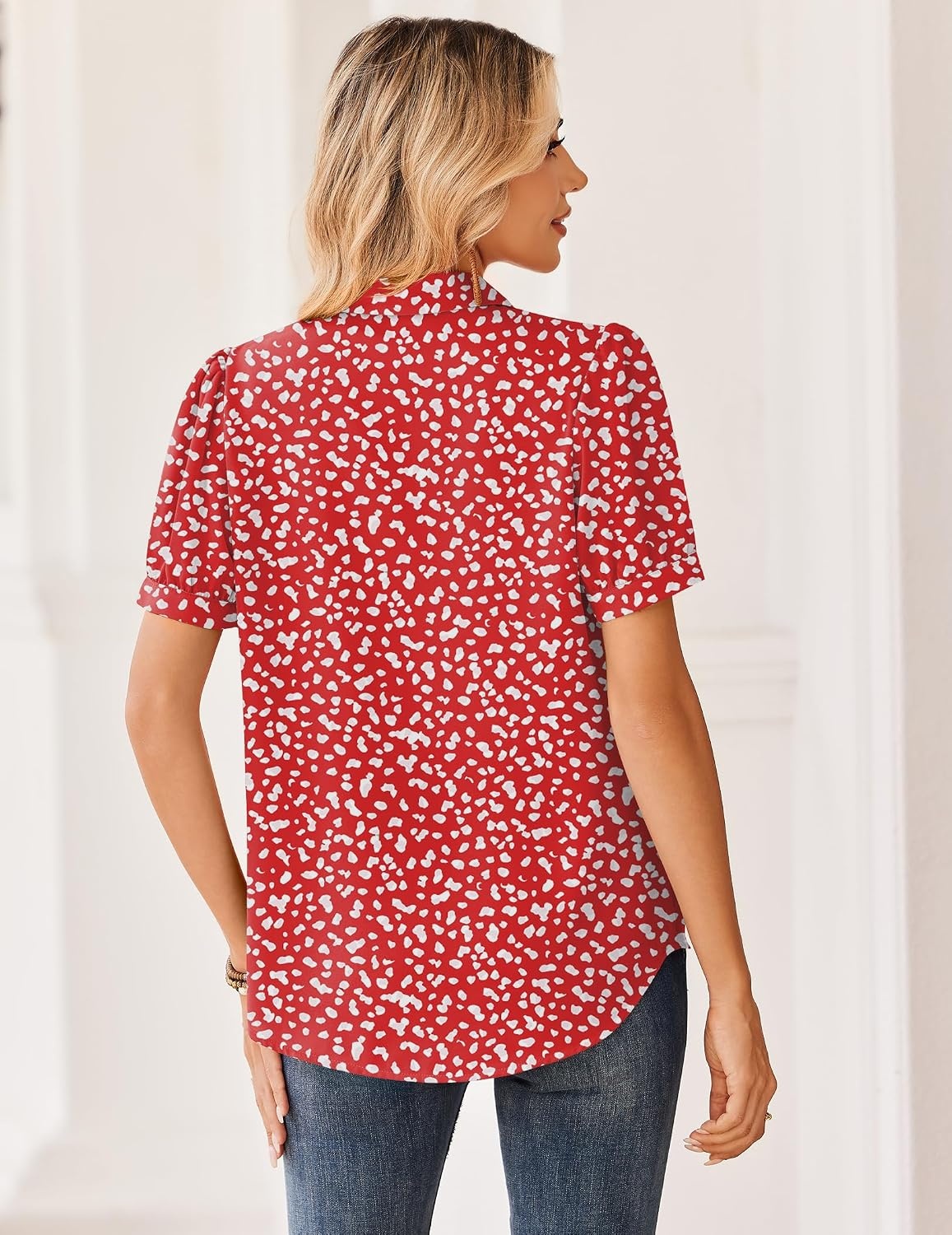 image:imageZeagoo Women Button Down Shirts Puff Short Sleeve Blouses Chiffon TopsRed Dotjh590