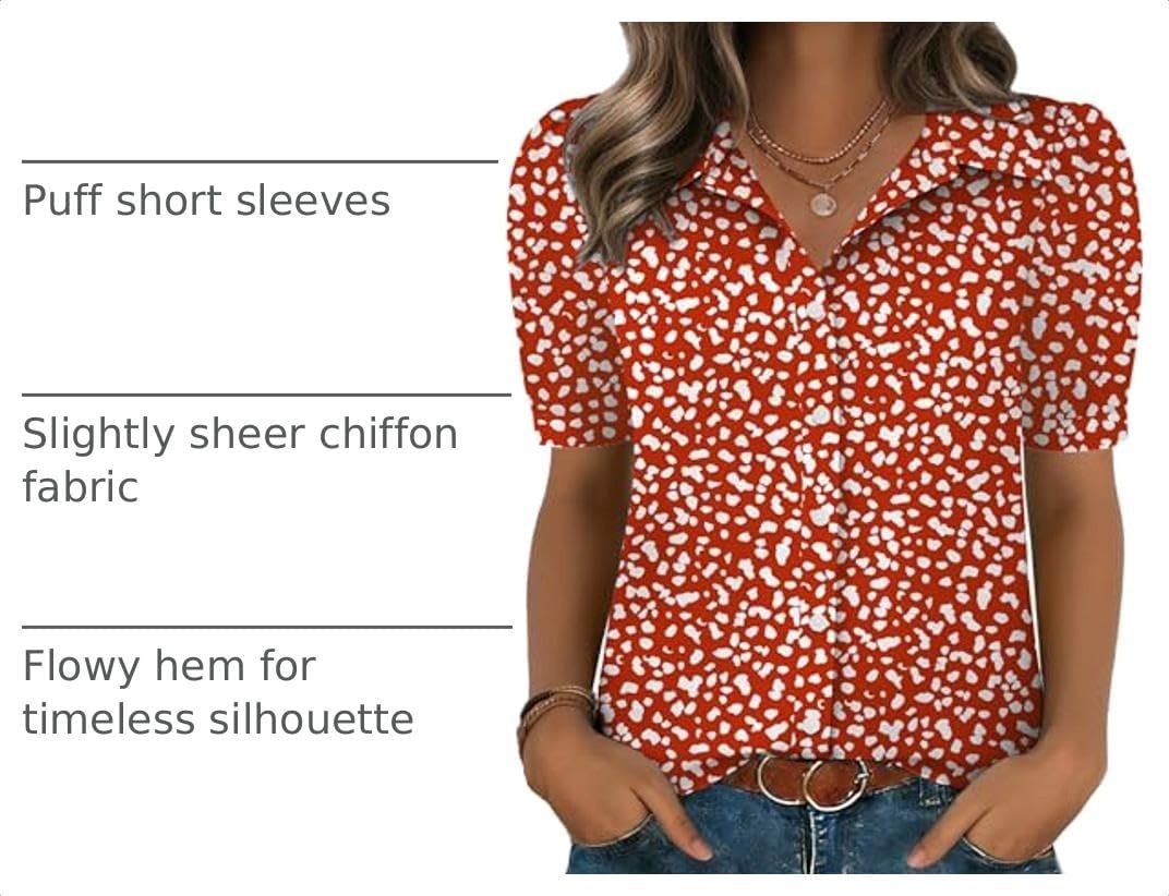 image:imageZeagoo Women Button Down Shirts Puff Short Sleeve Blouses Chiffon TopsRed Dotjh590
