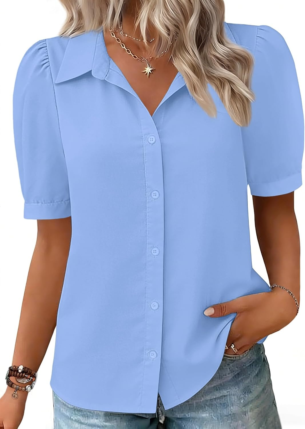 image:imageZeagoo Women Button Down Shirts Puff Short Sleeve Blouses Chiffon TopsSky Blueclb