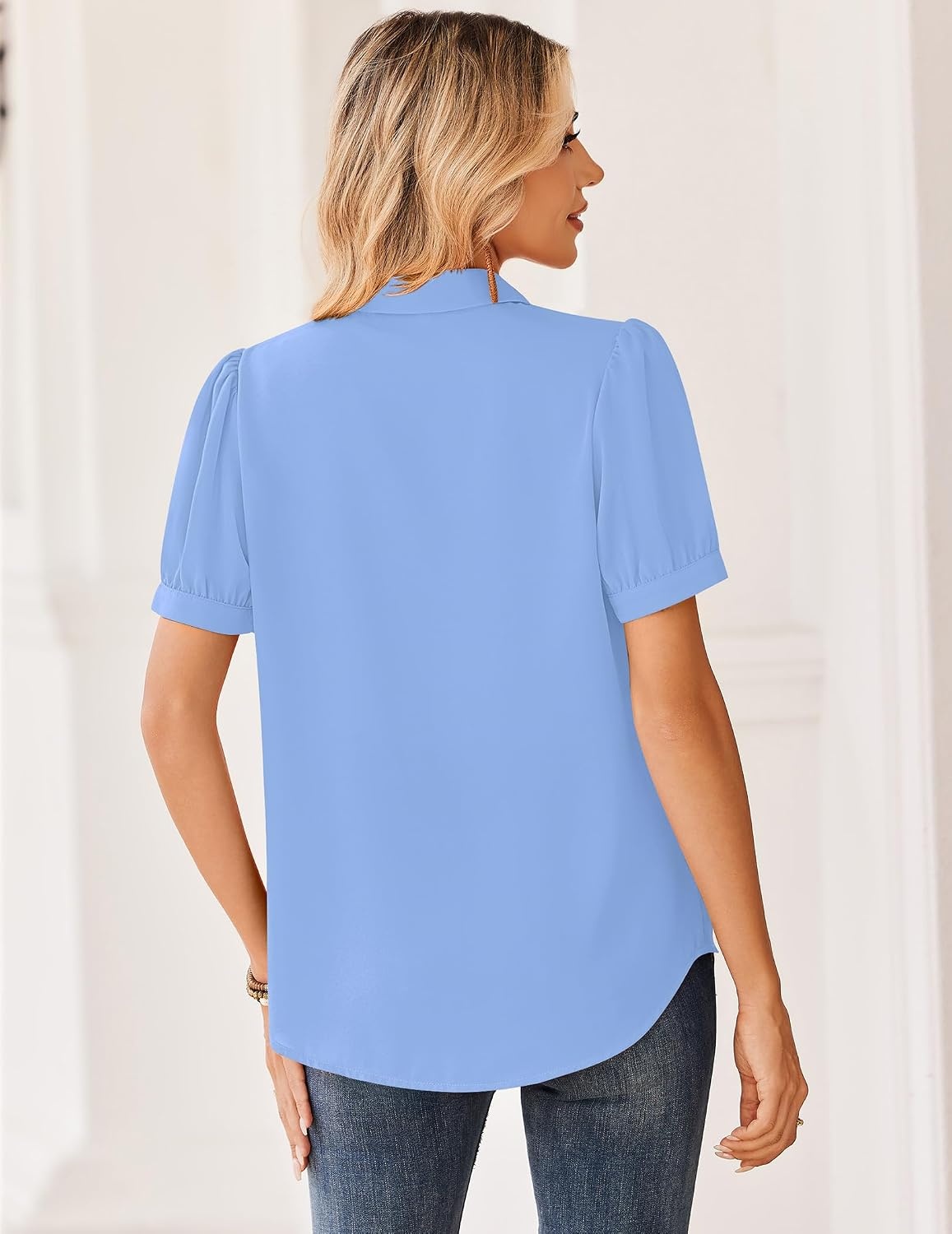 image:imageZeagoo Women Button Down Shirts Puff Short Sleeve Blouses Chiffon TopsSky Blueclb