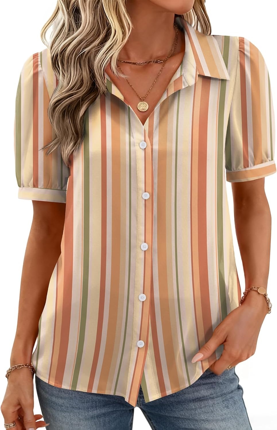 image:imageZeagoo Women Button Down Shirts Puff Short Sleeve Blouses Chiffon TopsStripestw720