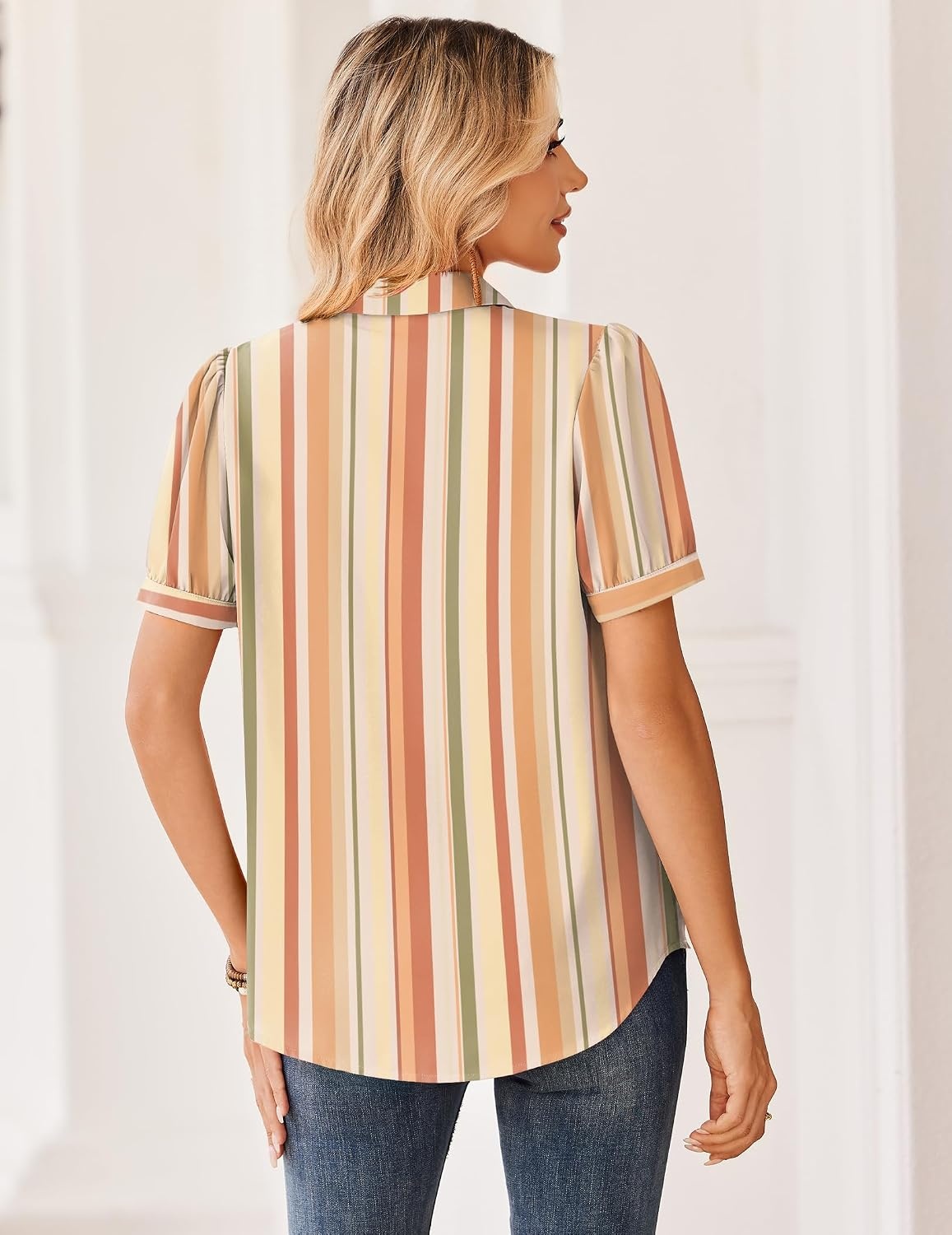 image:imageZeagoo Women Button Down Shirts Puff Short Sleeve Blouses Chiffon TopsStripestw720