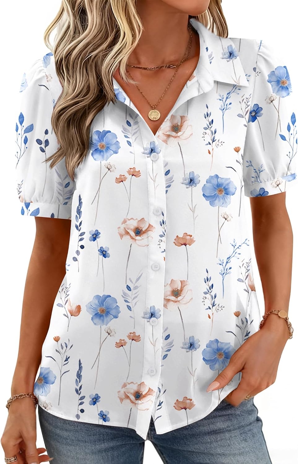 image:imageZeagoo Women Button Down Shirts Puff Short Sleeve Blouses Chiffon TopsWhite Flowersbf290