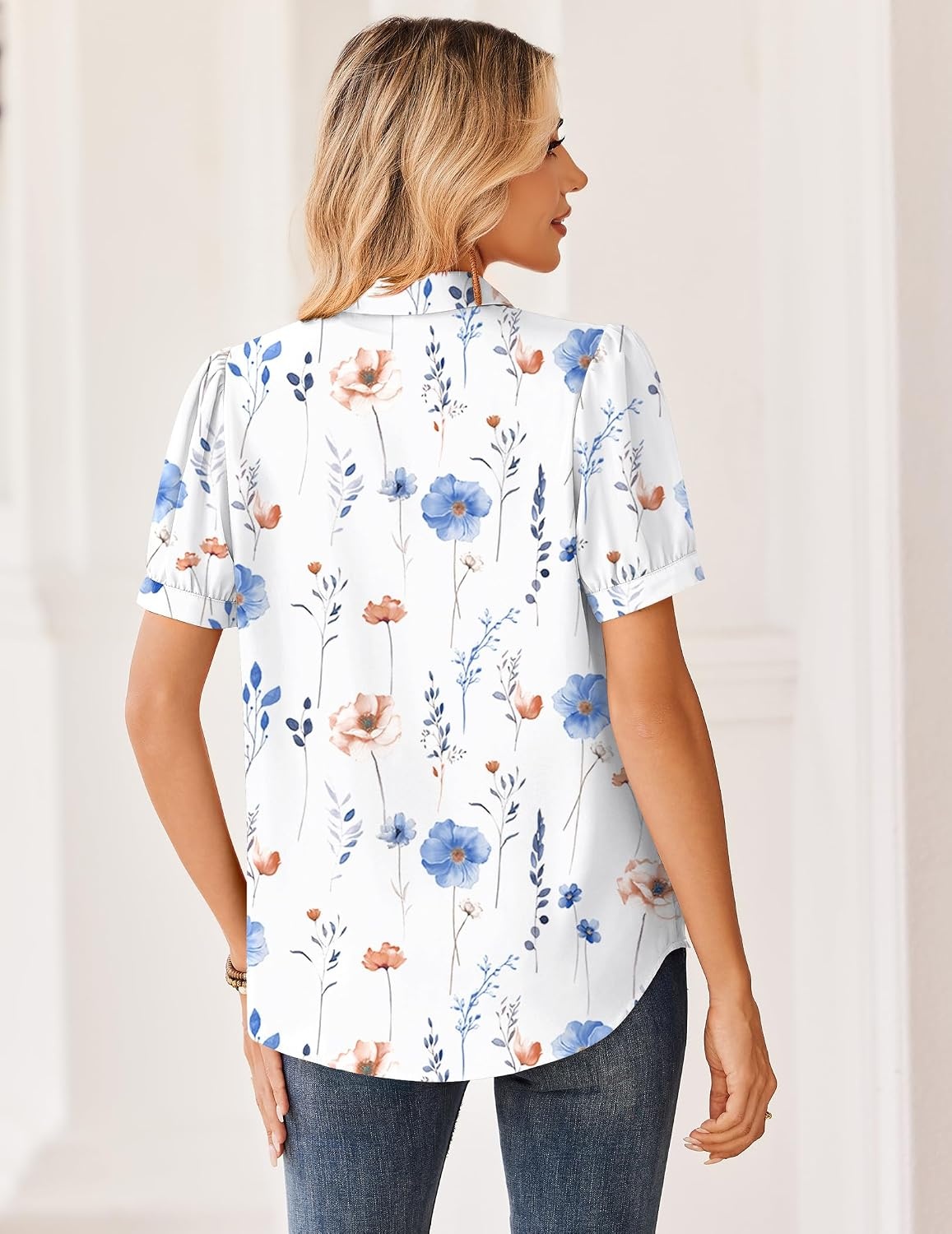 image:imageZeagoo Women Button Down Shirts Puff Short Sleeve Blouses Chiffon TopsWhite Flowersbf290