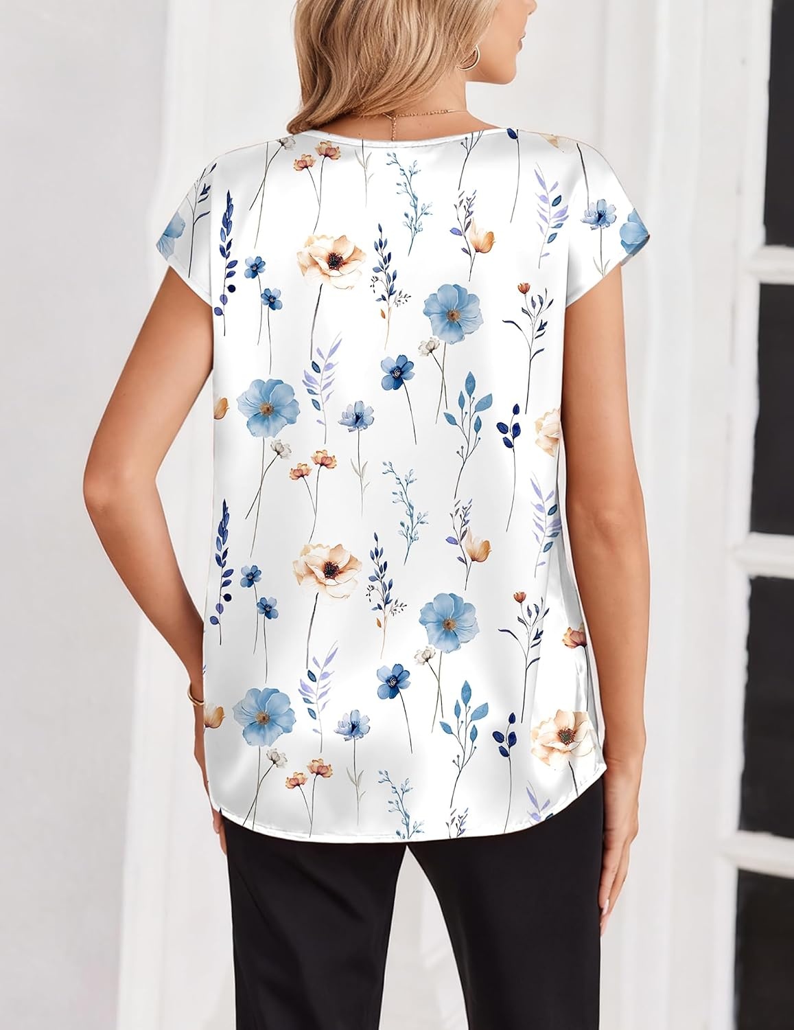 image:imageZeagoo Women Satin V Neck Blouse Cap Short Sleeve Business Casual Top S2XLBf290
