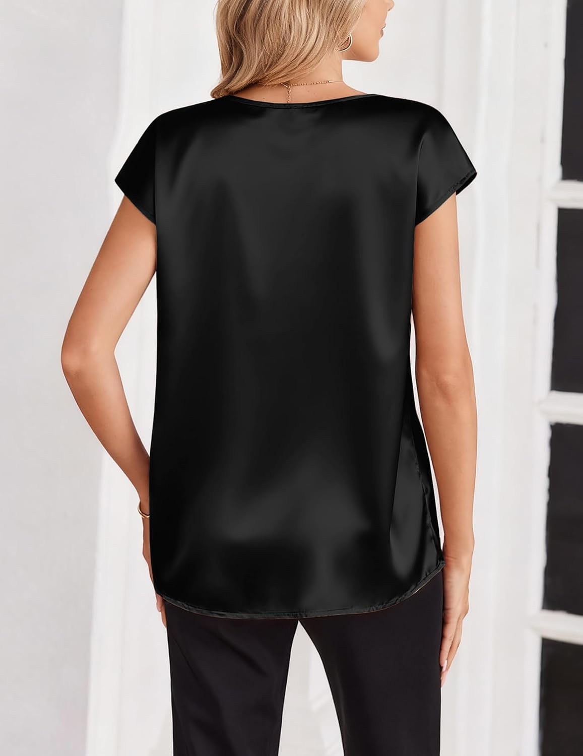 image:imageZeagoo Women Satin V Neck Blouse Cap Short Sleeve Business Casual Top S2XLBlack