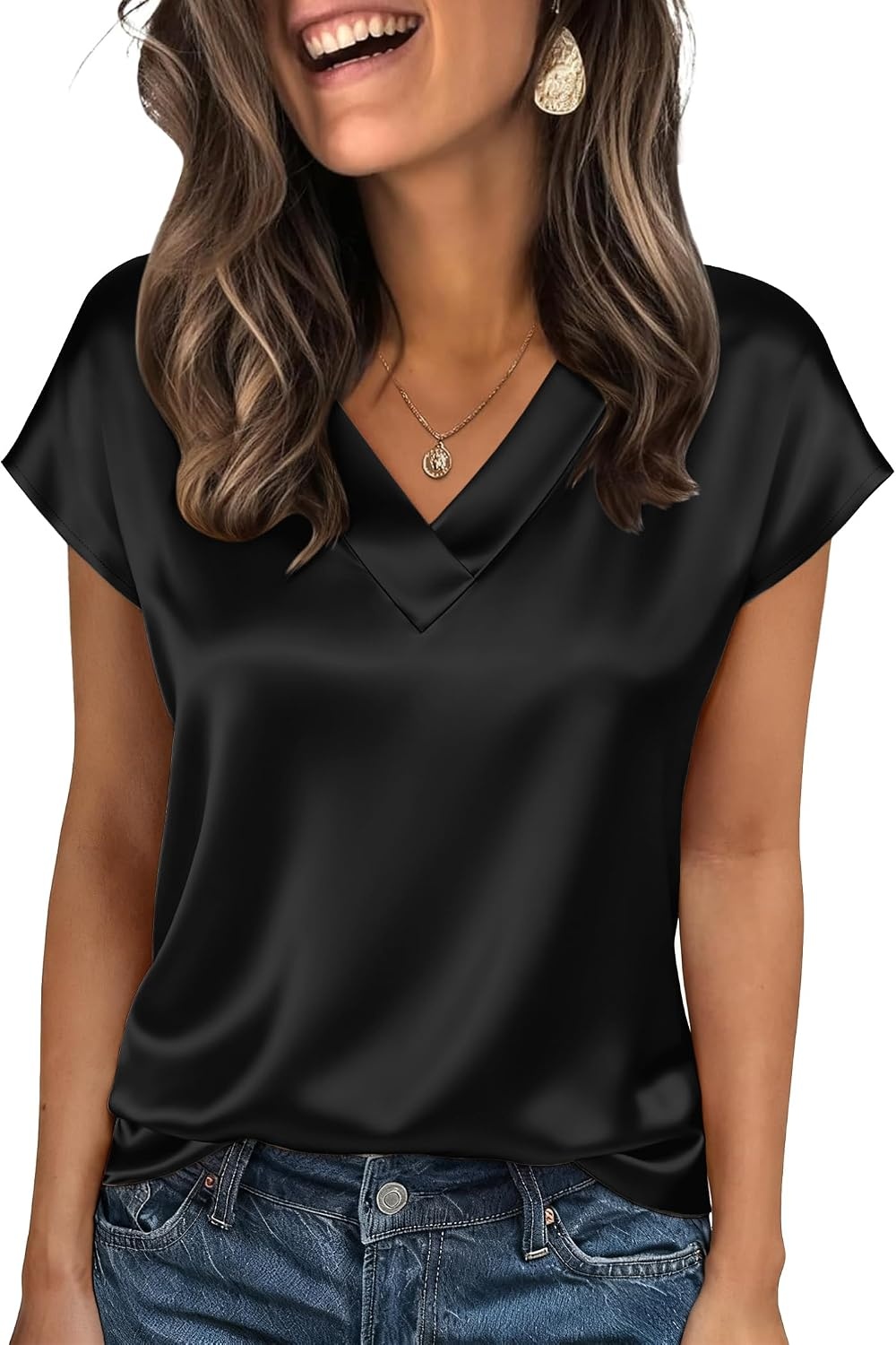 image:imageZeagoo Women Satin V Neck Blouse Cap Short Sleeve Business Casual Top S2XLBlack