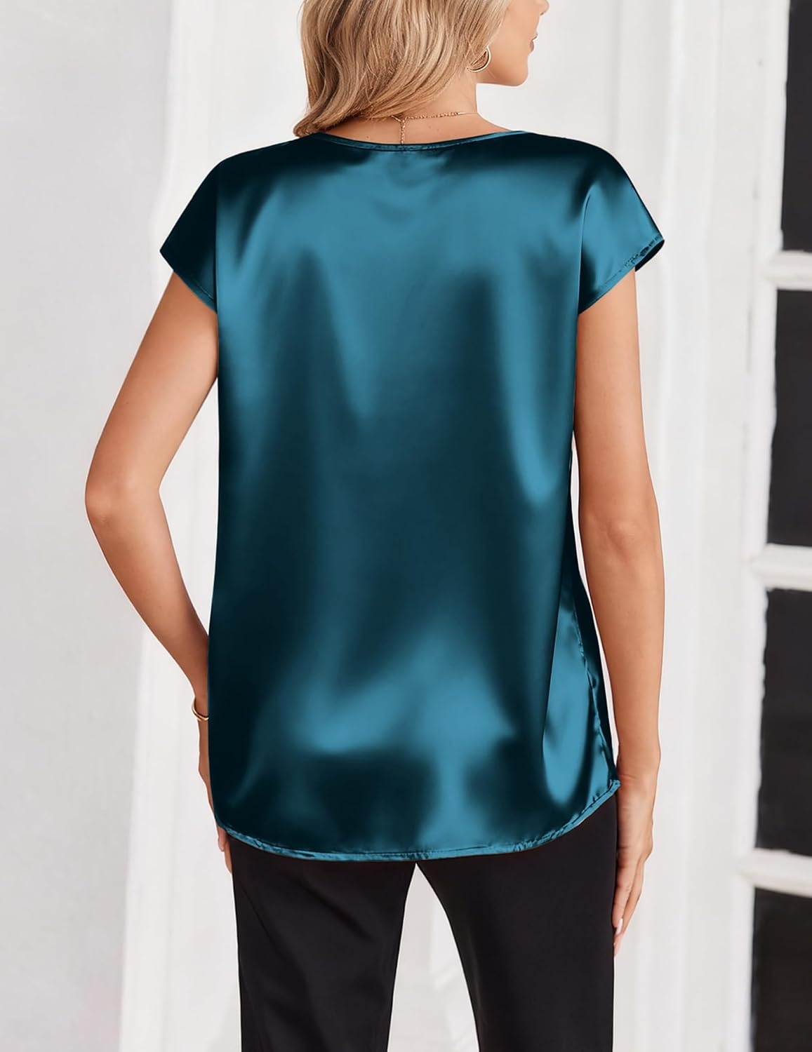 image:imageZeagoo Women Satin V Neck Blouse Cap Short Sleeve Business Casual Top S2XLBlue Green