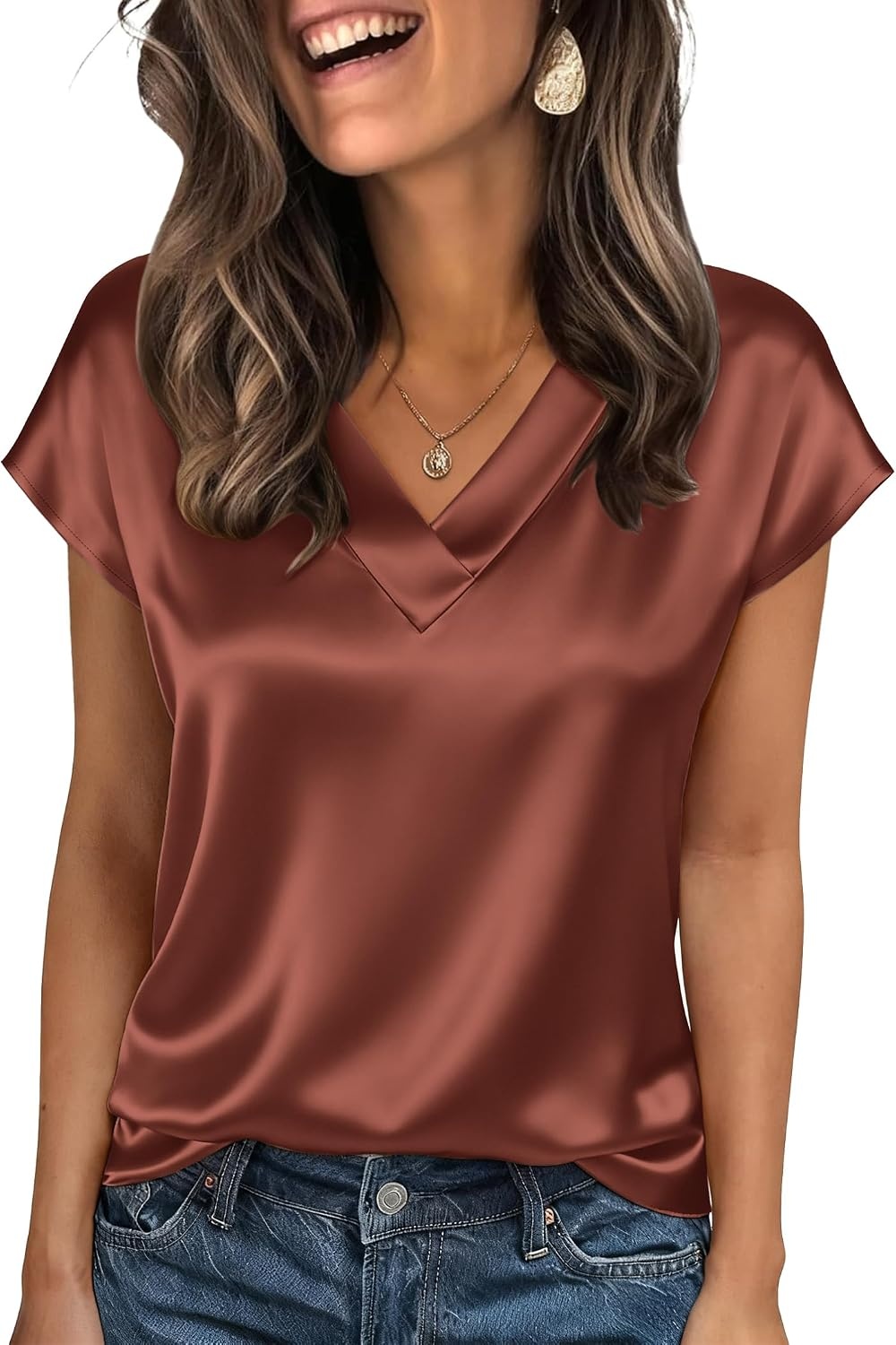image:imageZeagoo Women Satin V Neck Blouse Cap Short Sleeve Business Casual Top S2XLBrown