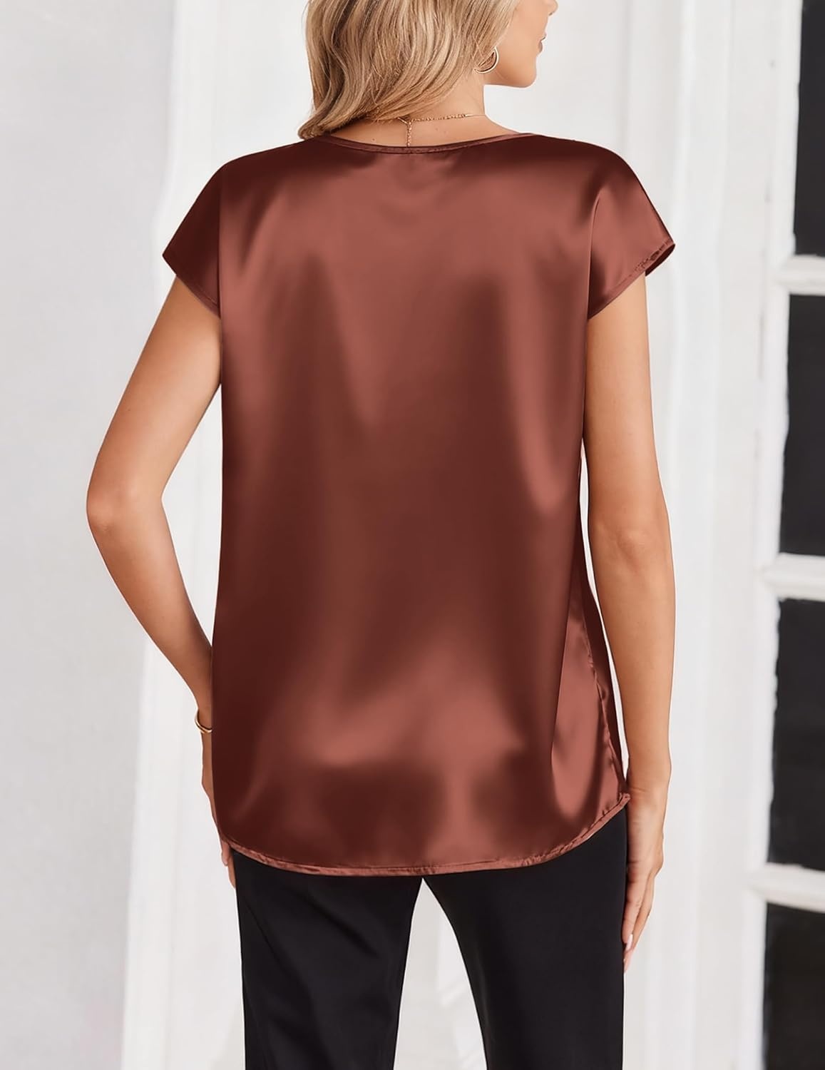 image:imageZeagoo Women Satin V Neck Blouse Cap Short Sleeve Business Casual Top S2XLBrown