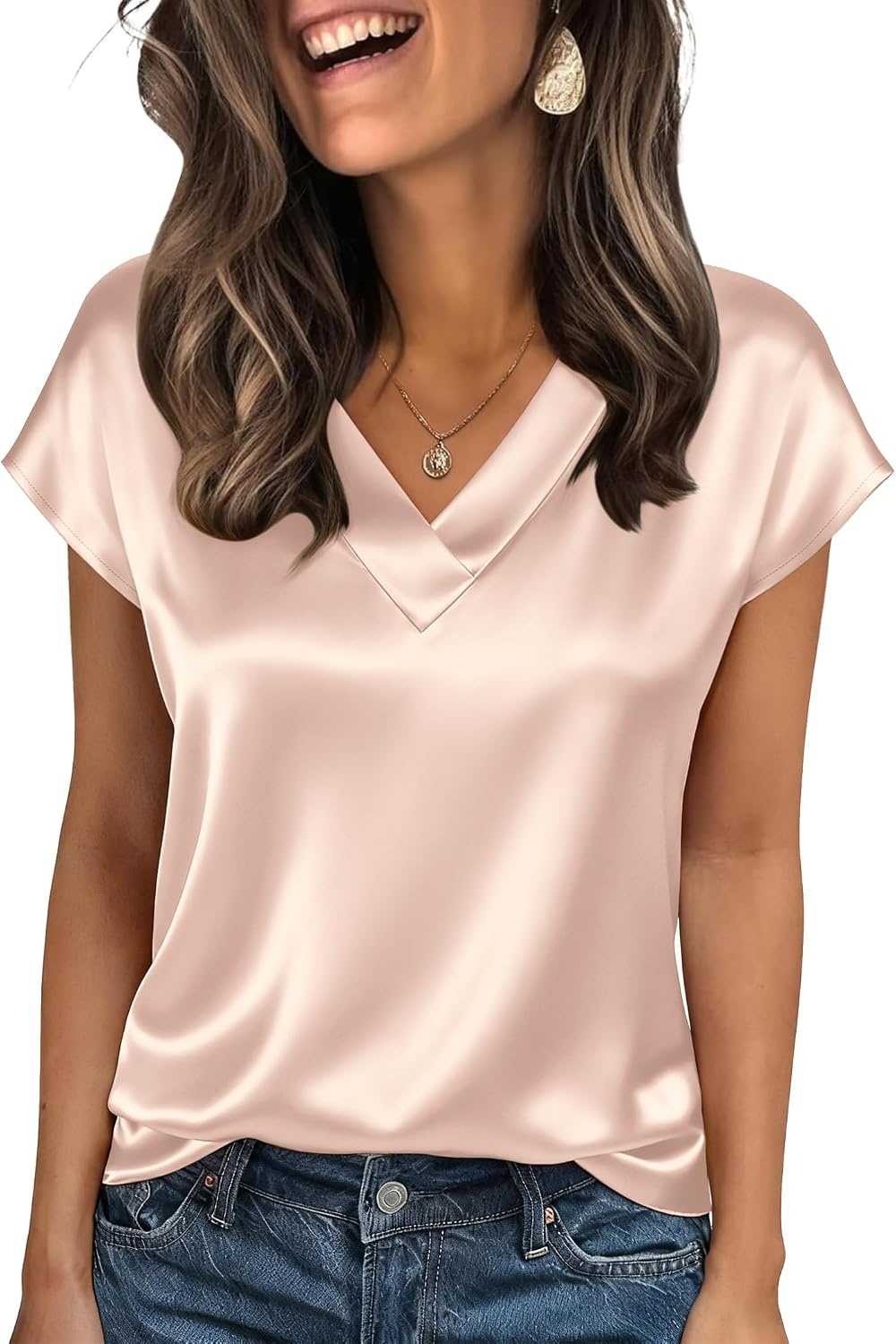 image:imageZeagoo Women Satin V Neck Blouse Cap Short Sleeve Business Casual Top S2XLChampagne