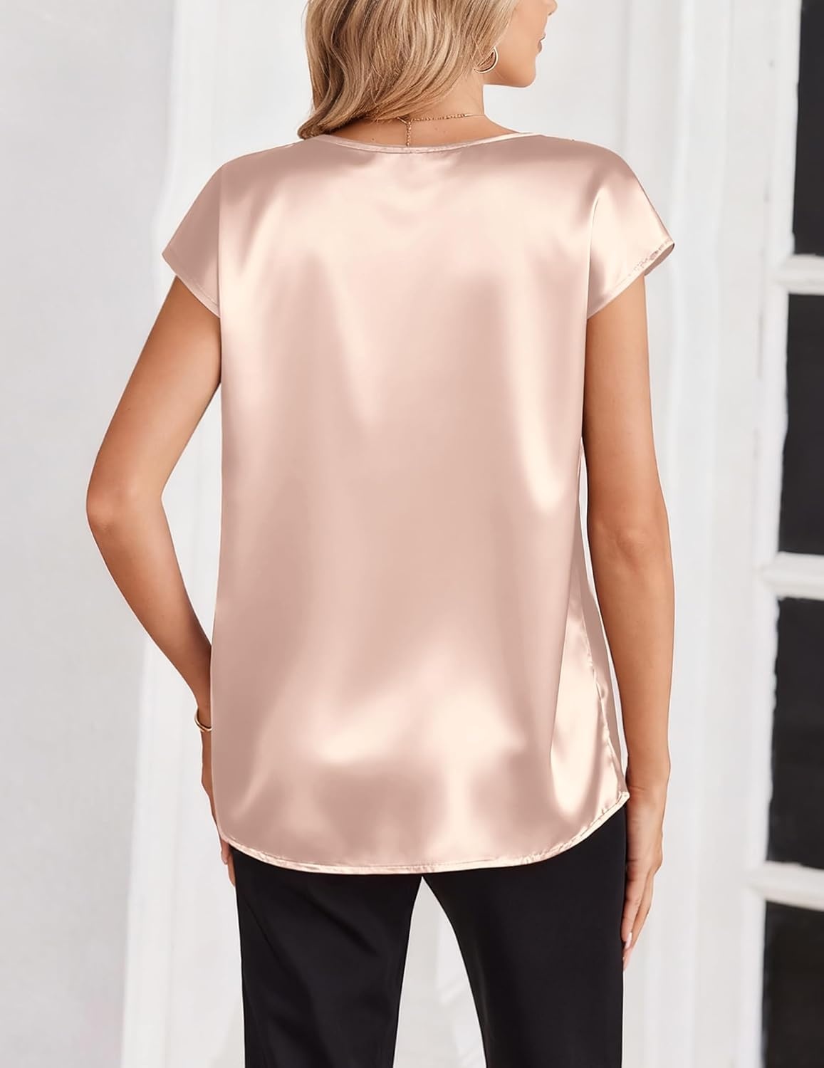 image:imageZeagoo Women Satin V Neck Blouse Cap Short Sleeve Business Casual Top S2XLChampagne