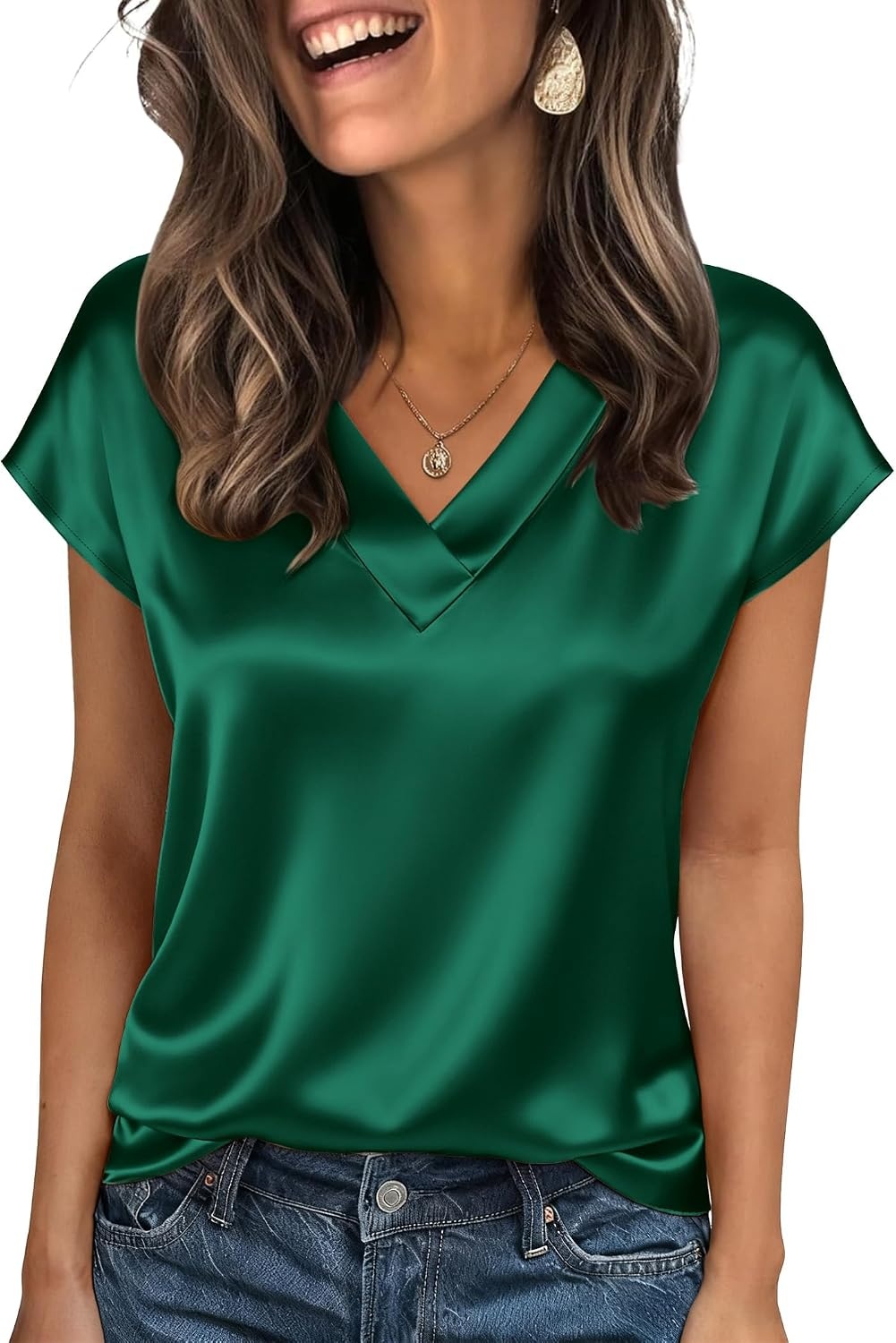 image:imageZeagoo Women Satin V Neck Blouse Cap Short Sleeve Business Casual Top S2XLGreen