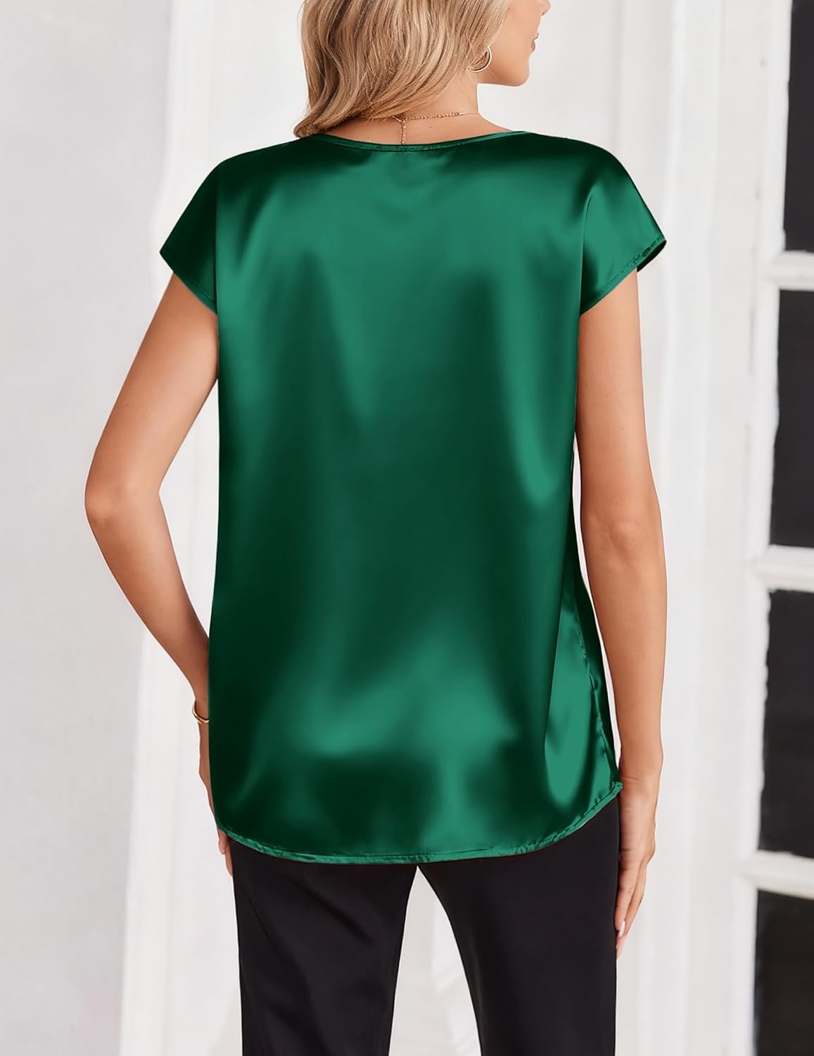 image:imageZeagoo Women Satin V Neck Blouse Cap Short Sleeve Business Casual Top S2XLGreen