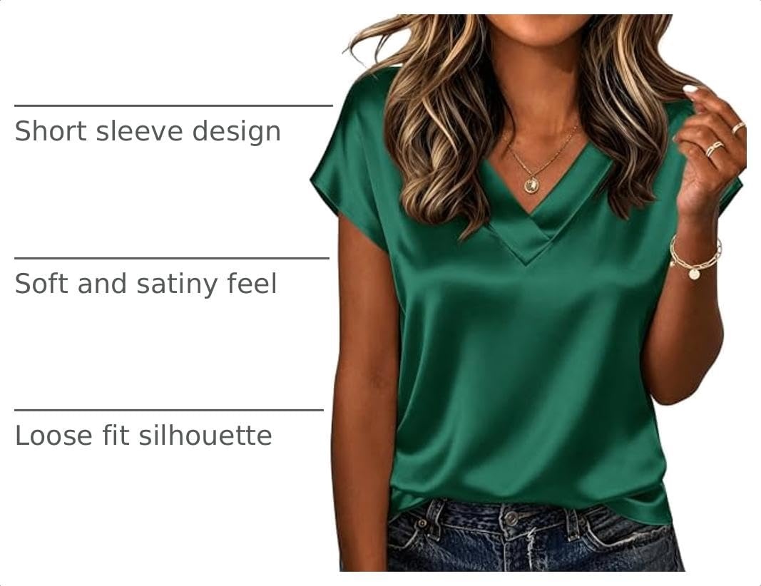 image:imageZeagoo Women Satin V Neck Blouse Cap Short Sleeve Business Casual Top S2XLGreen