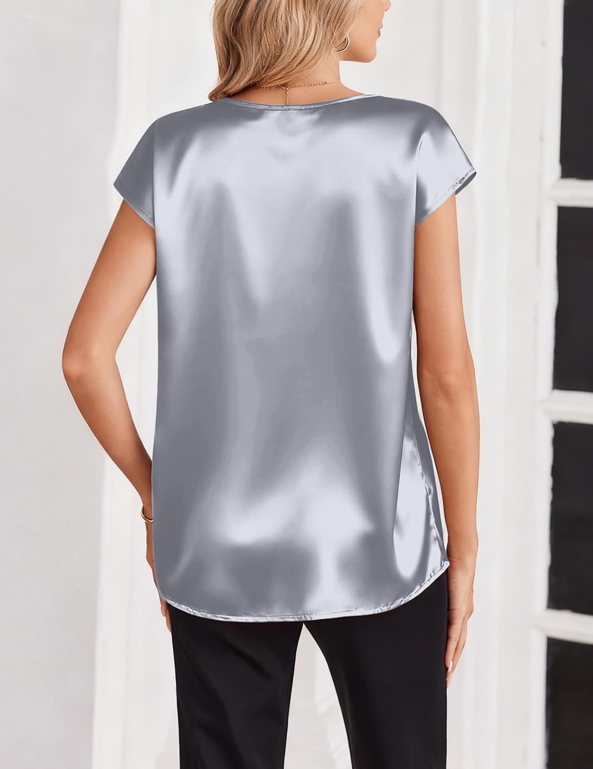 image:imageZeagoo Women Satin V Neck Blouse Cap Short Sleeve Business Casual Top S2XLGrey