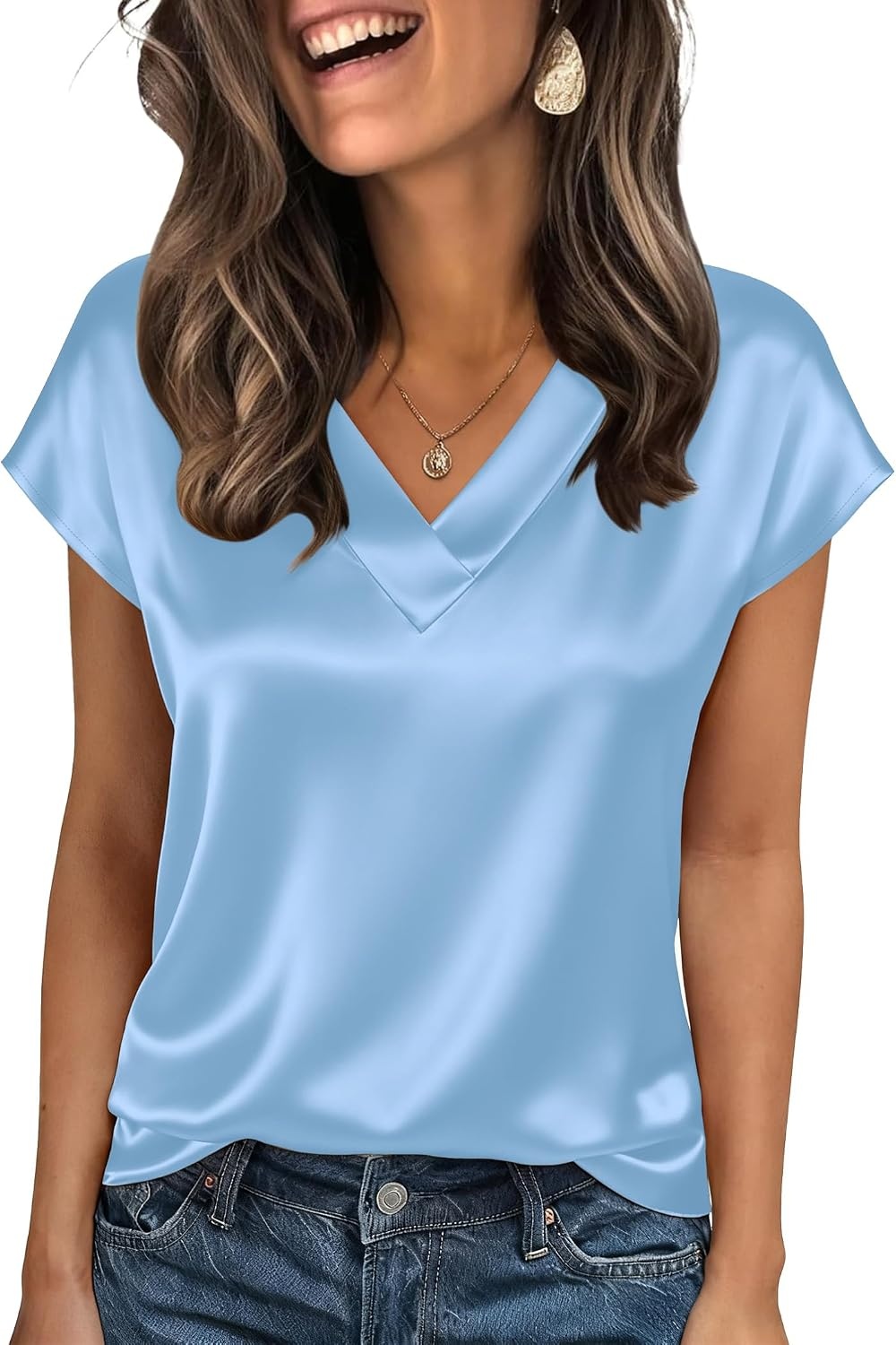 image:imageZeagoo Women Satin V Neck Blouse Cap Short Sleeve Business Casual Top S2XLLight Blue