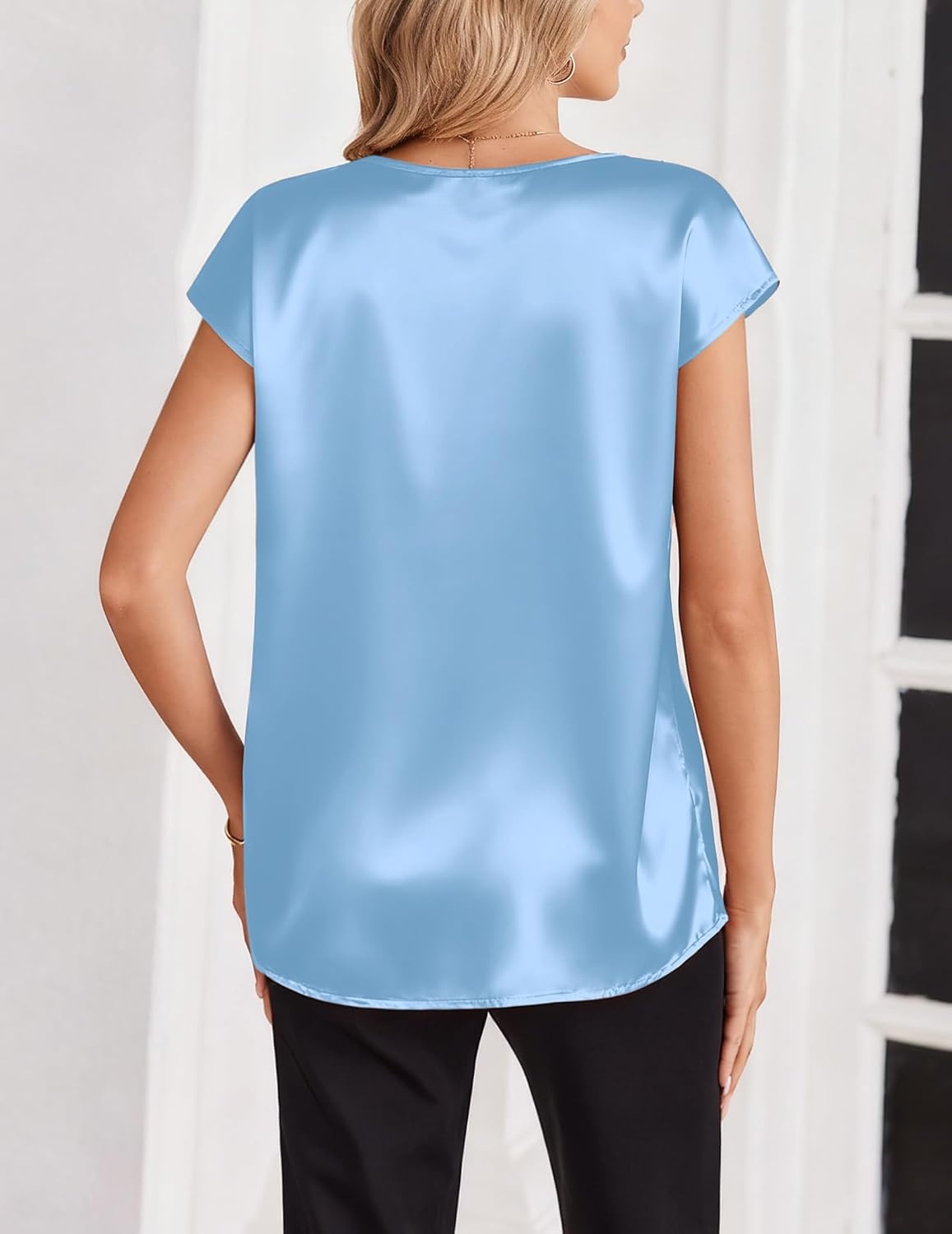 image:imageZeagoo Women Satin V Neck Blouse Cap Short Sleeve Business Casual Top S2XLLight Blue