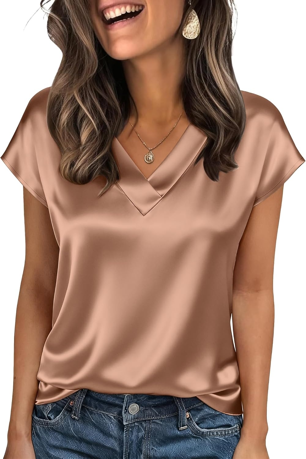 image:imageZeagoo Women Satin V Neck Blouse Cap Short Sleeve Business Casual Top S2XLLight Coffee