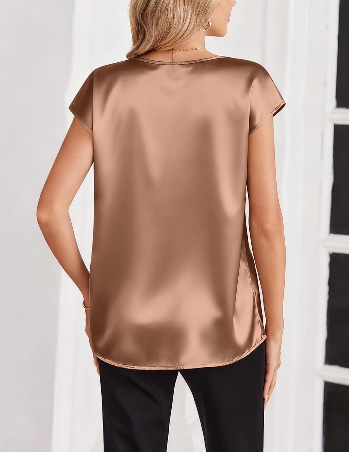 image:imageZeagoo Women Satin V Neck Blouse Cap Short Sleeve Business Casual Top S2XLLight Coffee