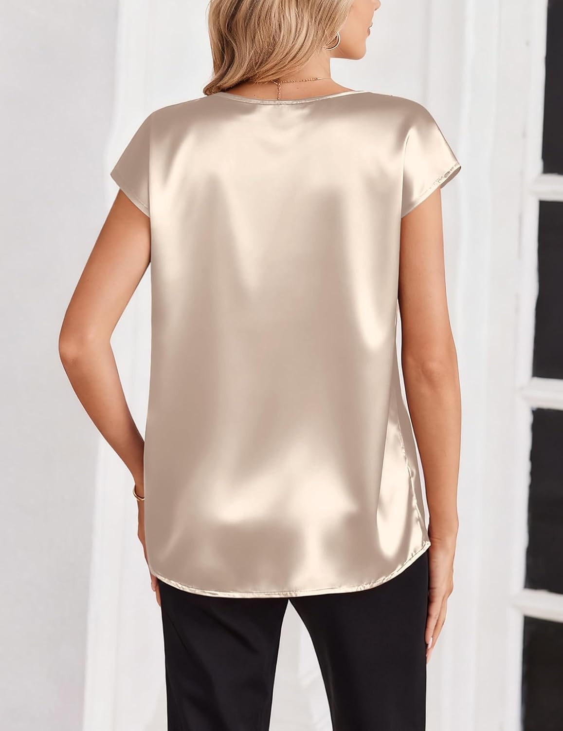 image:imageZeagoo Women Satin V Neck Blouse Cap Short Sleeve Business Casual Top S2XLLight Grey