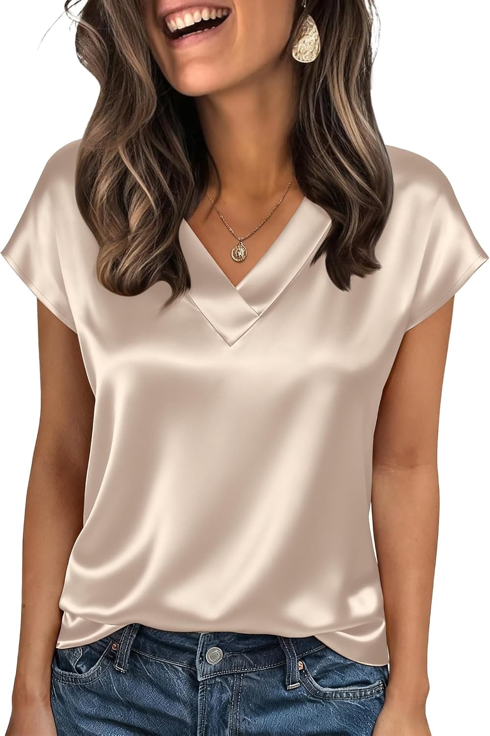 image:imageZeagoo Women Satin V Neck Blouse Cap Short Sleeve Business Casual Top S2XLLight Grey