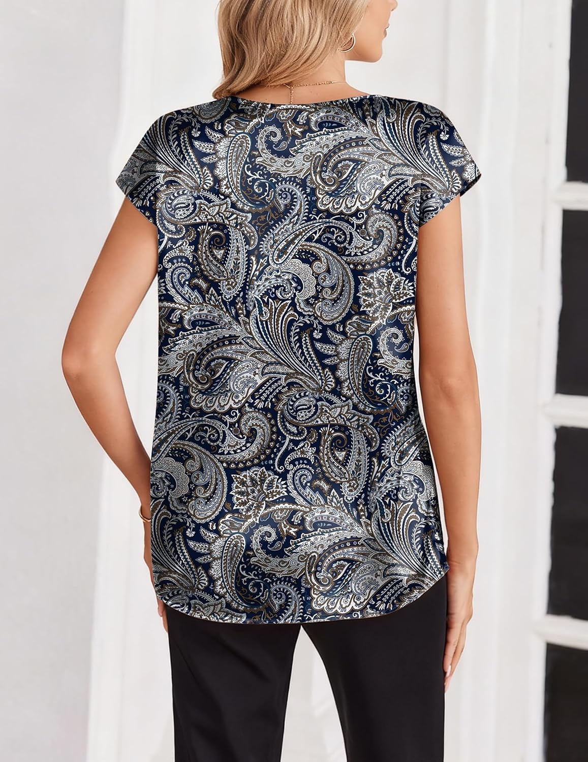 image:imageZeagoo Women Satin V Neck Blouse Cap Short Sleeve Business Casual Top S2XLMz473