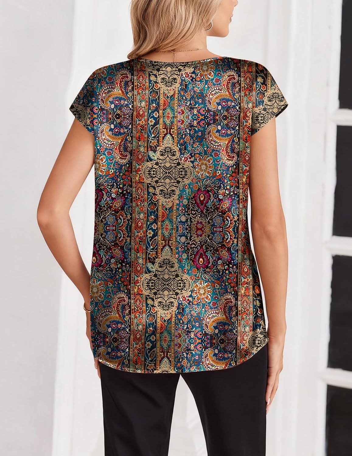 image:imageZeagoo Women Satin V Neck Blouse Cap Short Sleeve Business Casual Top S2XLMz721