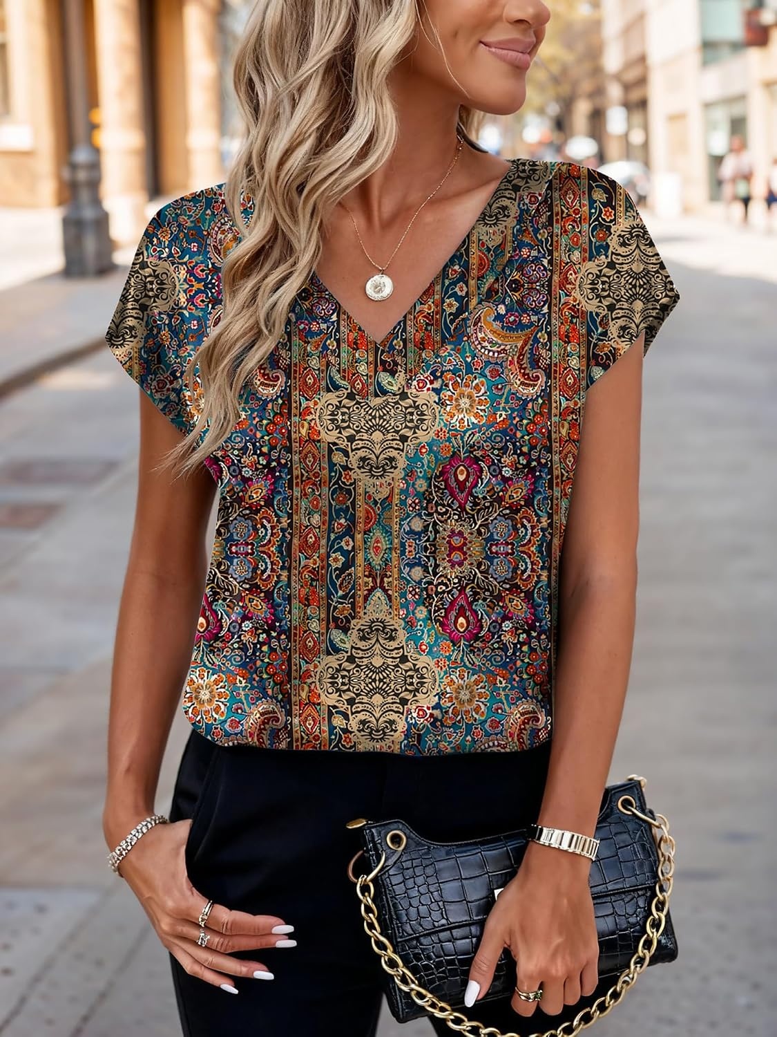 image:imageZeagoo Women Satin V Neck Blouse Cap Short Sleeve Business Casual Top S2XLMz721
