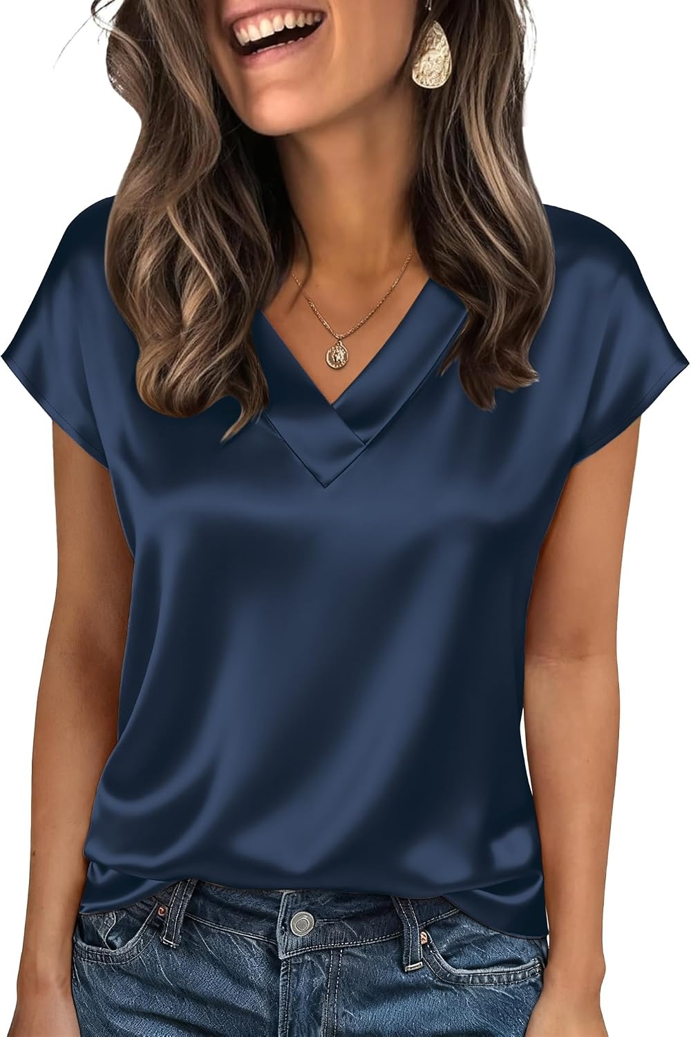 image:imageZeagoo Women Satin V Neck Blouse Cap Short Sleeve Business Casual Top S2XLNavy Blue
