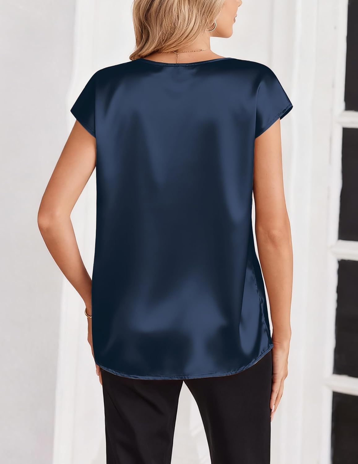 image:imageZeagoo Women Satin V Neck Blouse Cap Short Sleeve Business Casual Top S2XLNavy Blue