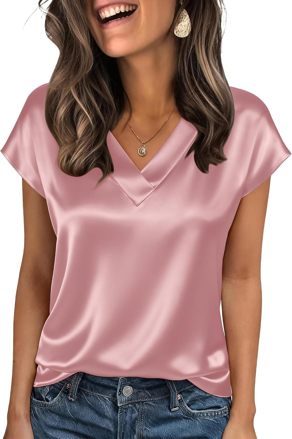 image:imageZeagoo Women Satin V Neck Blouse Cap Short Sleeve Business Casual Top S2XLPink