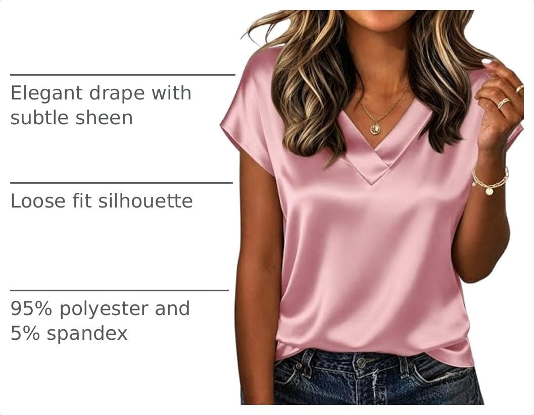 image:imageZeagoo Women Satin V Neck Blouse Cap Short Sleeve Business Casual Top S2XLPink