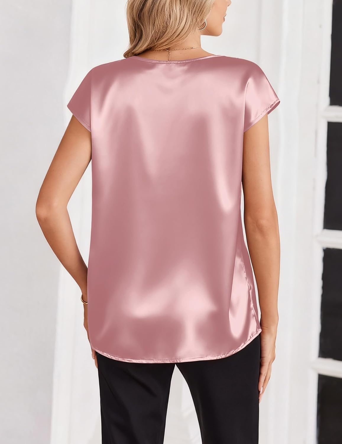 image:imageZeagoo Women Satin V Neck Blouse Cap Short Sleeve Business Casual Top S2XLPink