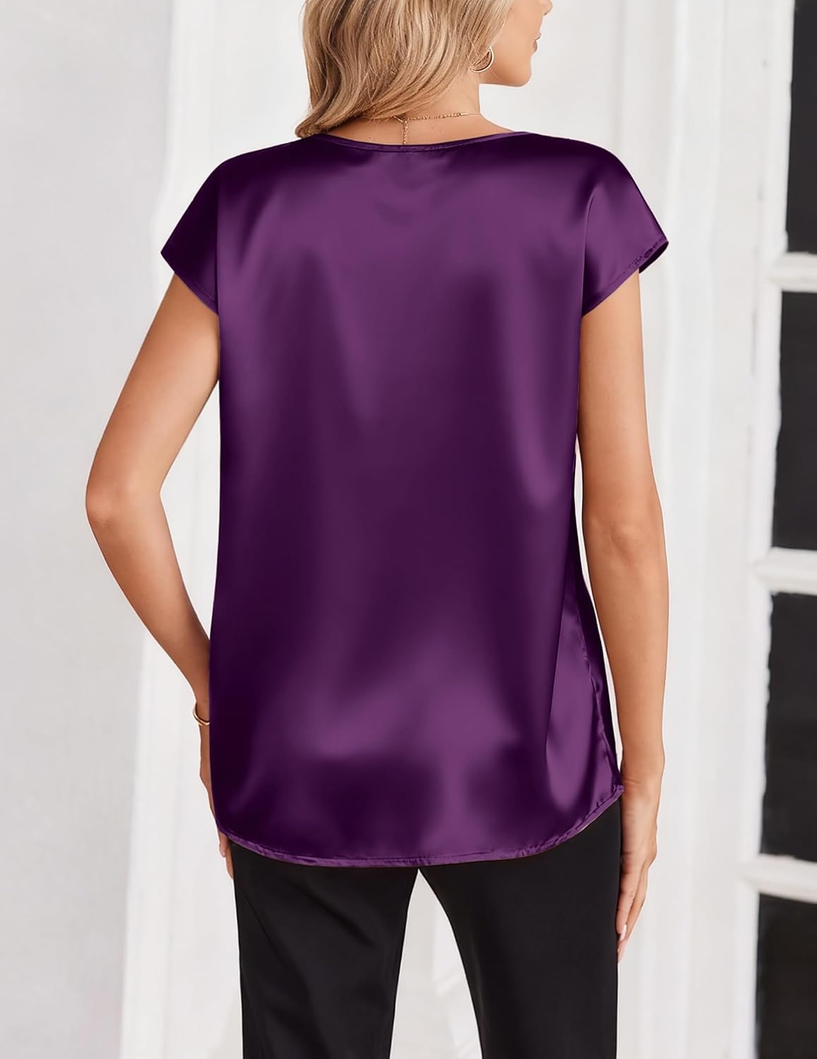 image:imageZeagoo Women Satin V Neck Blouse Cap Short Sleeve Business Casual Top S2XLPurple