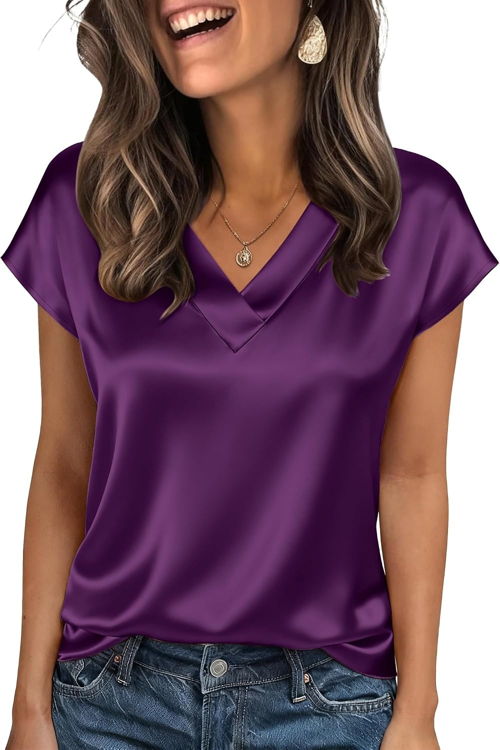 image:imageZeagoo Women Satin V Neck Blouse Cap Short Sleeve Business Casual Top S2XLPurple